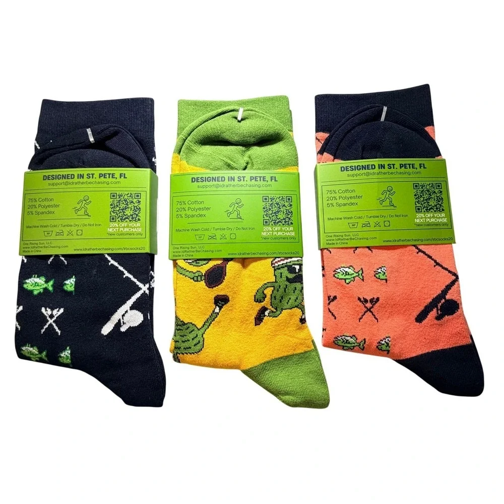 I'd Rather Be Chasing Novelty Crew Socks 3 Pack Fishing Pickleball Mens One Size